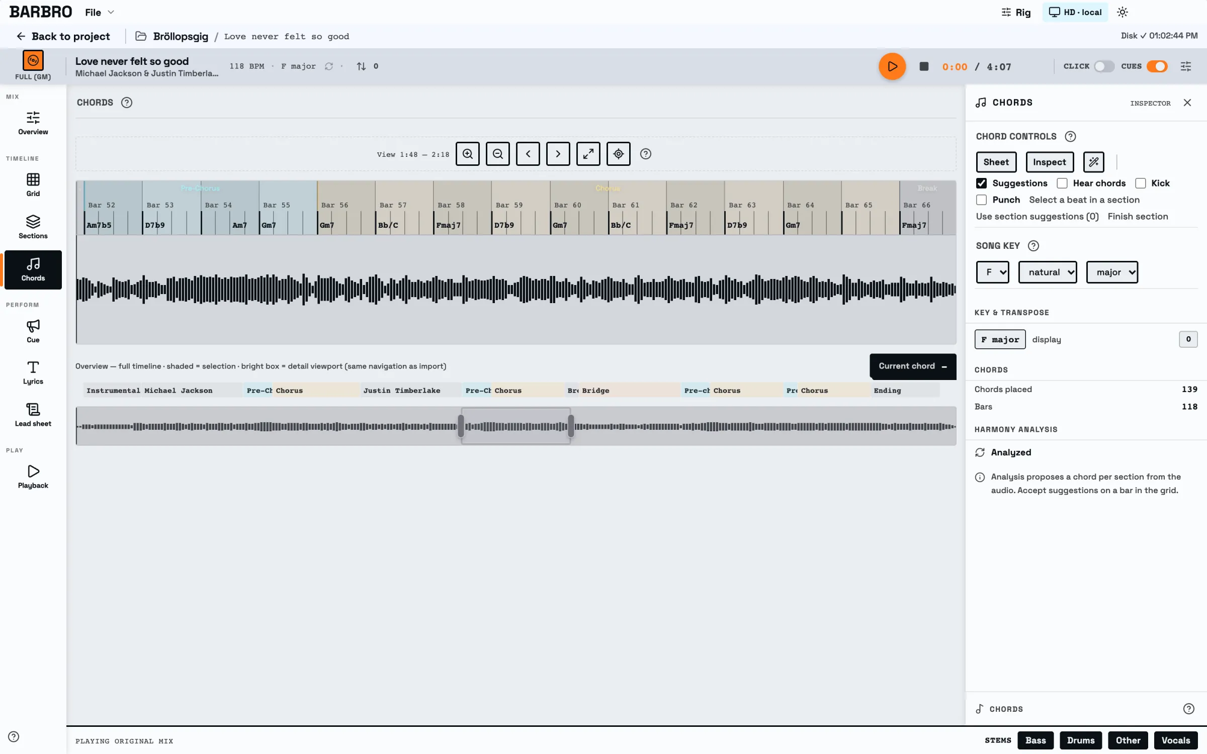 Chord editor zoomed in on a pre-chorus and chorus, with a chord written on each bar