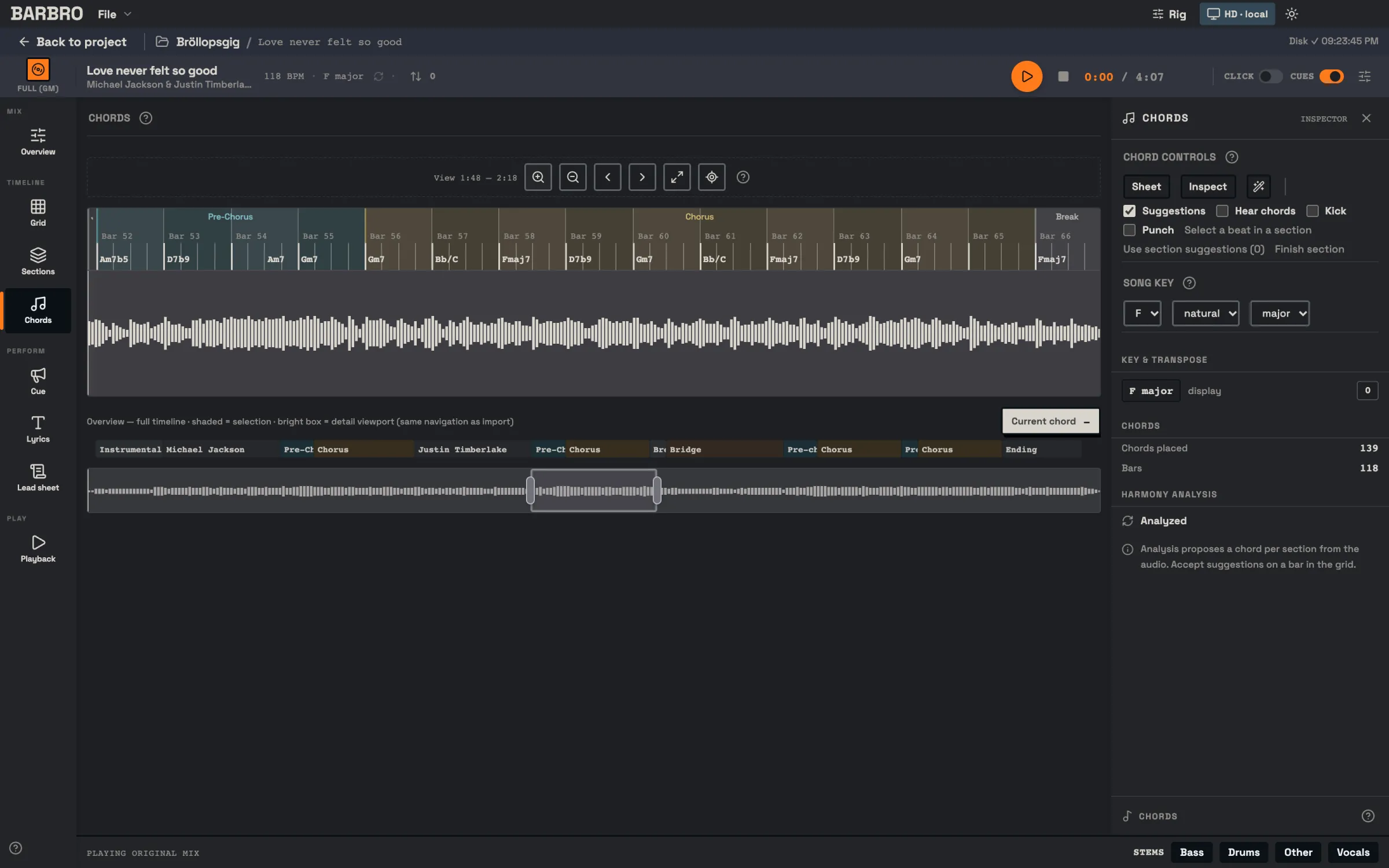 Chord editor zoomed in on a pre-chorus and chorus, with a chord written on each bar