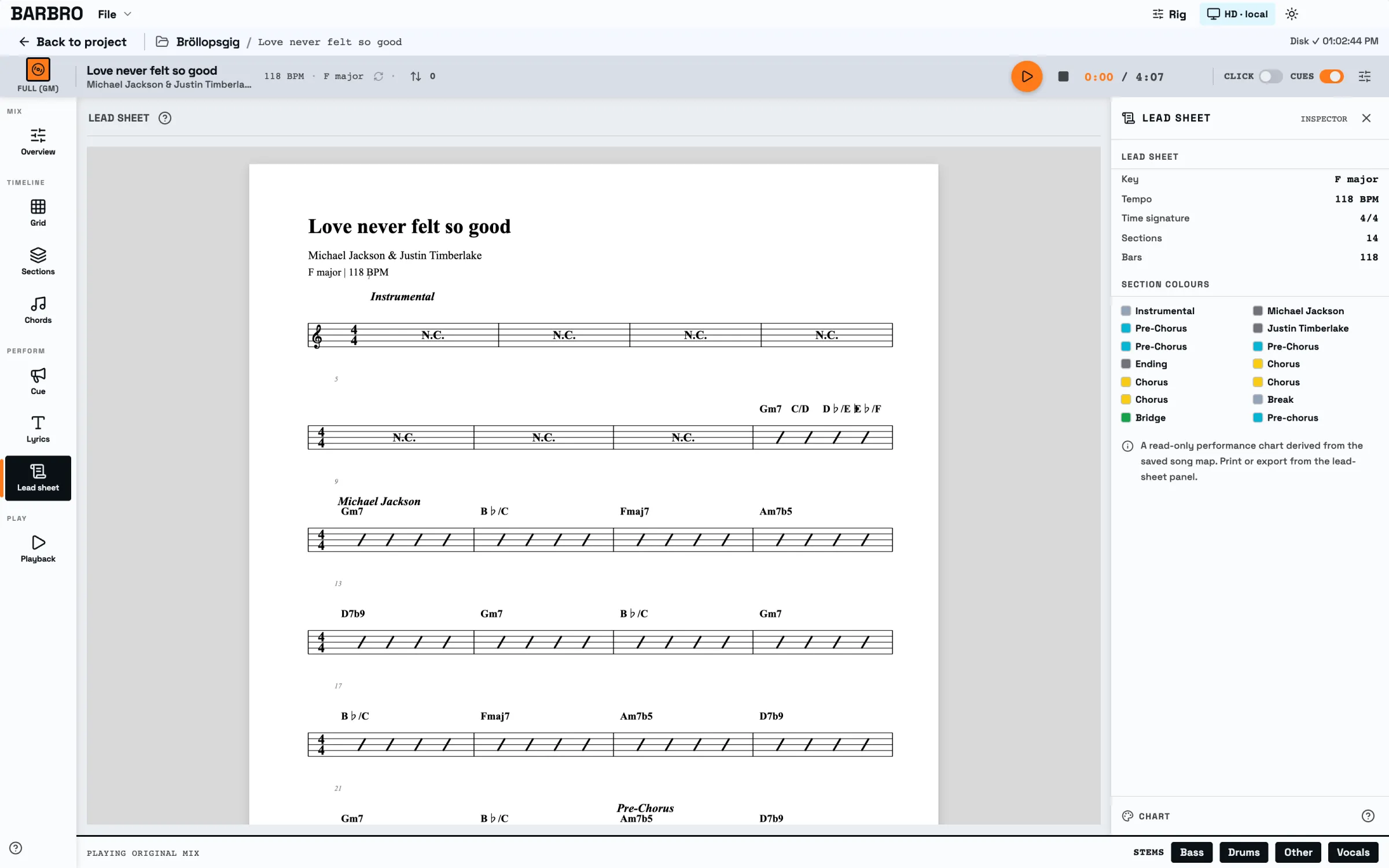 Printable lead sheet with chord symbols over slash notation