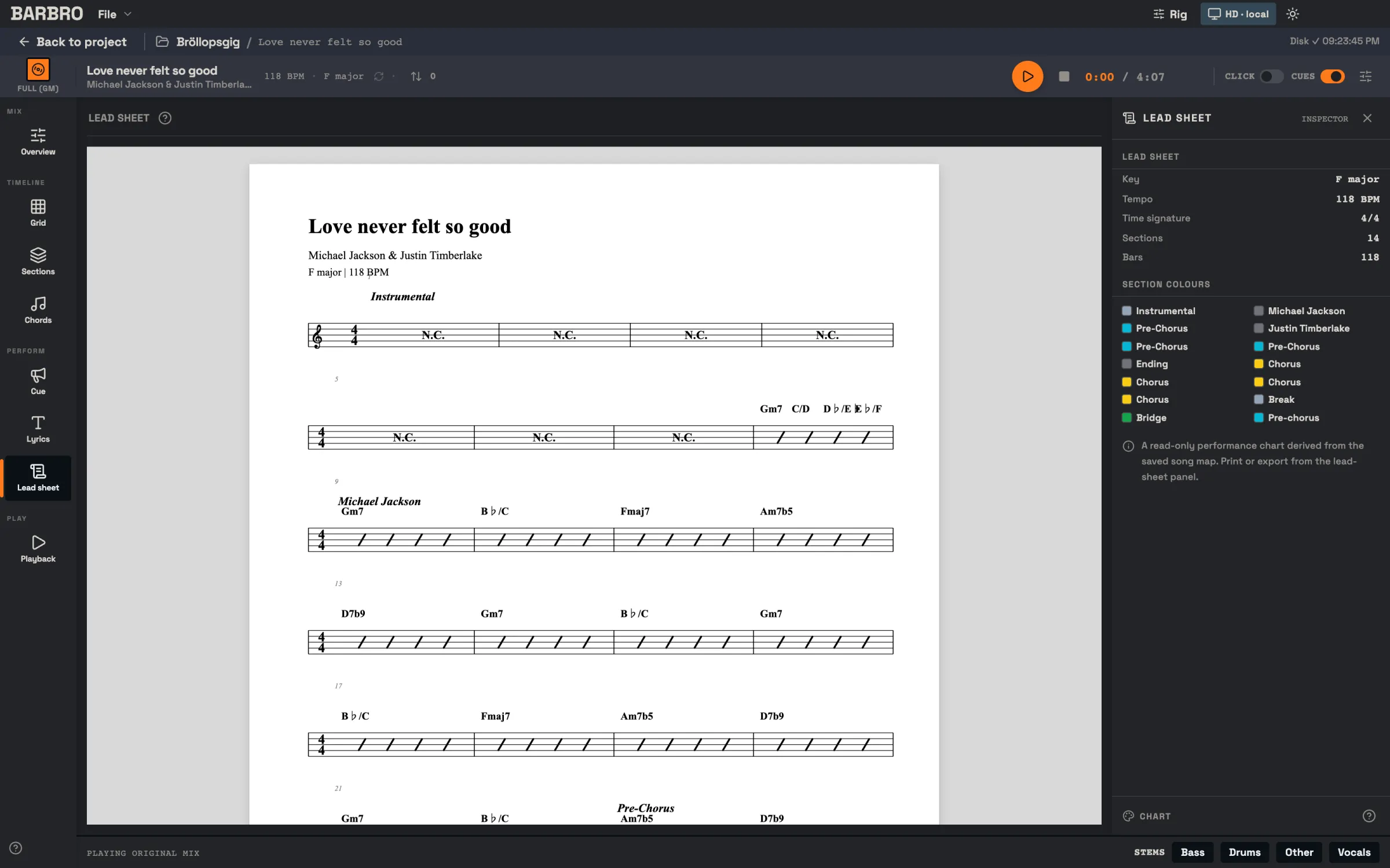 Printable lead sheet with chord symbols over slash notation