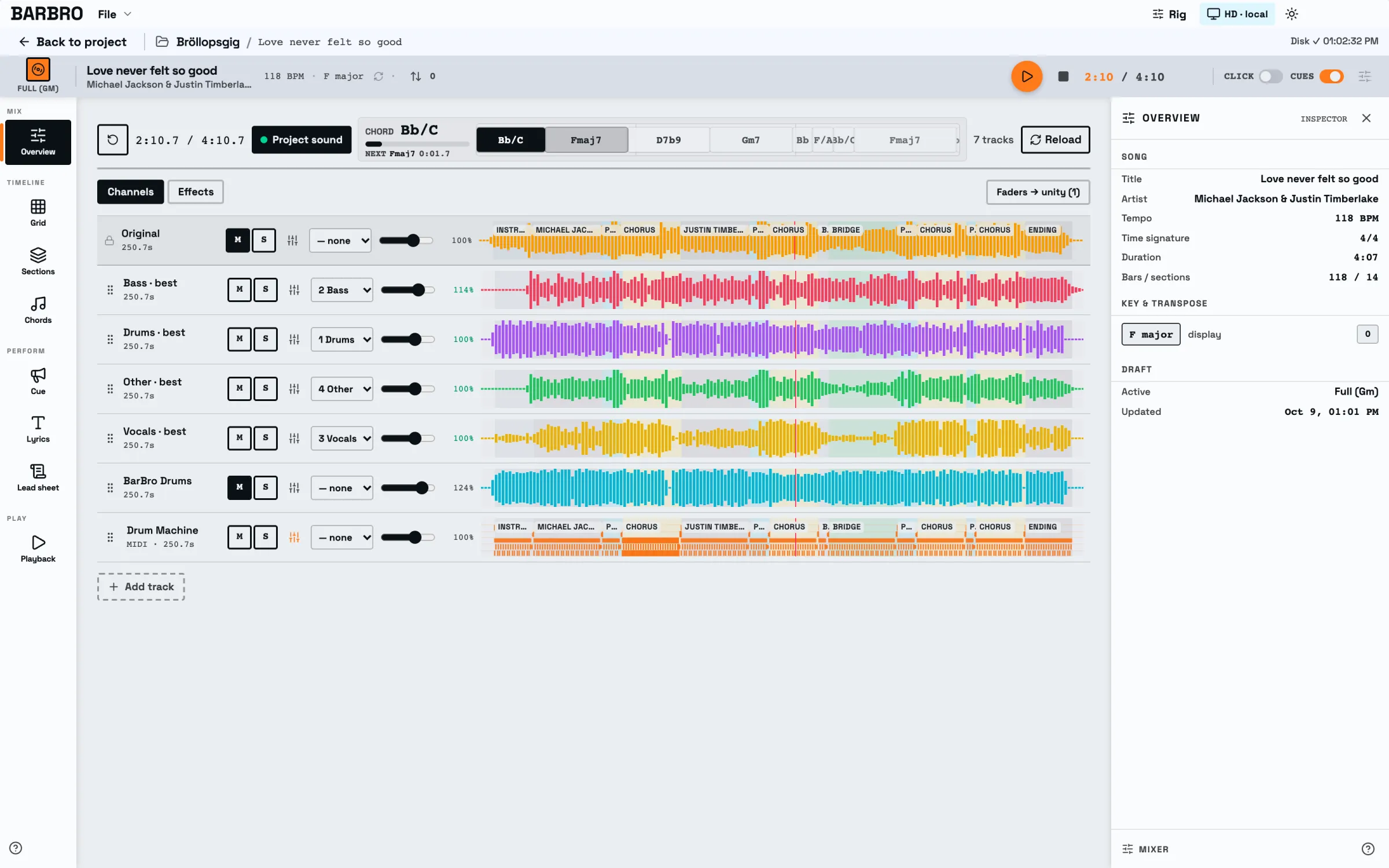 Mixer with bass, drums, vocals and other stems as coloured waveforms under the song sections