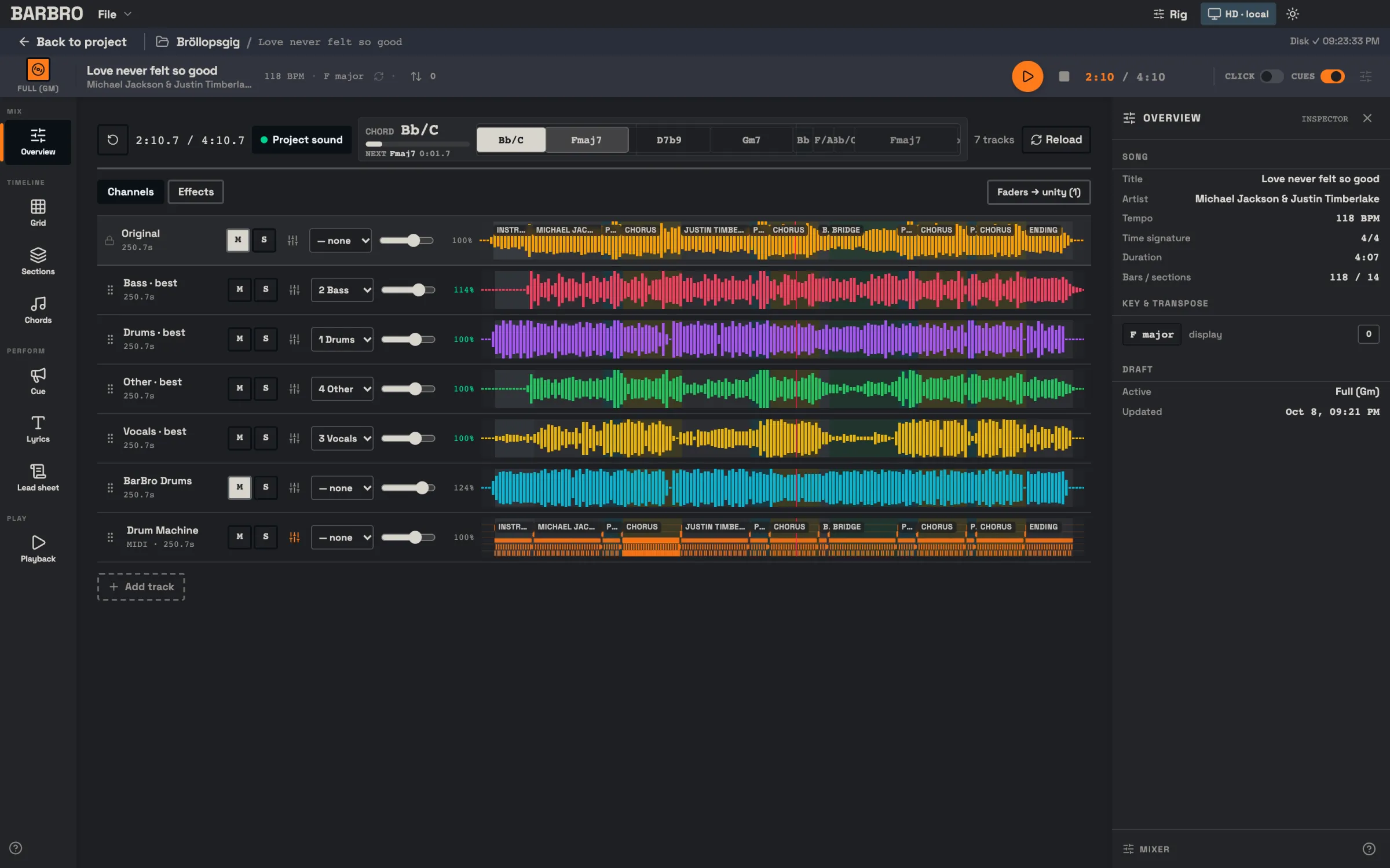 Mixer with bass, drums, vocals and other stems as coloured waveforms under the song sections